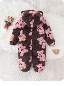 SHEIN Newborn Baby Boy/Girl Cute Furry Cartoon Pattern Hooded Jumpsuit, Autumn/Winter - Multicolor - View 2