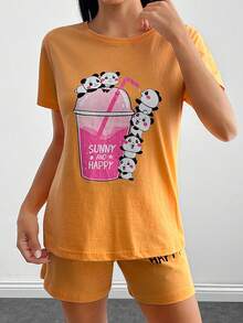 EURMUSE Bộ đồ ngủ cotton họa tiết hoạt hình và khẩu hiệu - Màu Cam san hô - Xem 5
