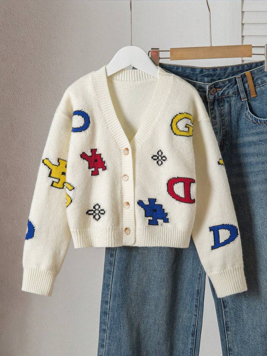 SHEIN Girls & Teens' Jacquard Knit Cardigan, V-Neck Button Contrast Color Long Sleeve, Apricot Cartoon Face & Letter Jacquard Pattern, Casual Loose Street Style Knitted Outerwear Cute Cardigan Children Cardigan Button Up Sweater Tween Sweater Kids Clothes - Beige - View 1