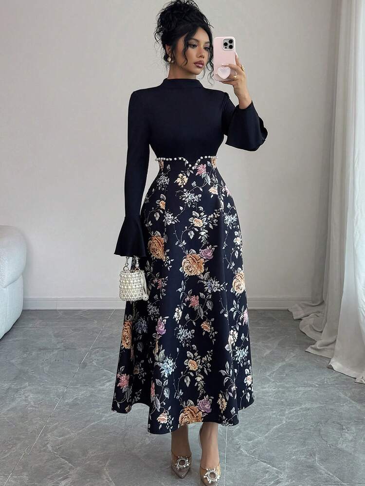 Modelyn فستان نسائي أنيق بطبعة زهرية وياقة عالية مزين بخرز، مناسب للخريف/الشتاء - الأسود - مشاهدة 4