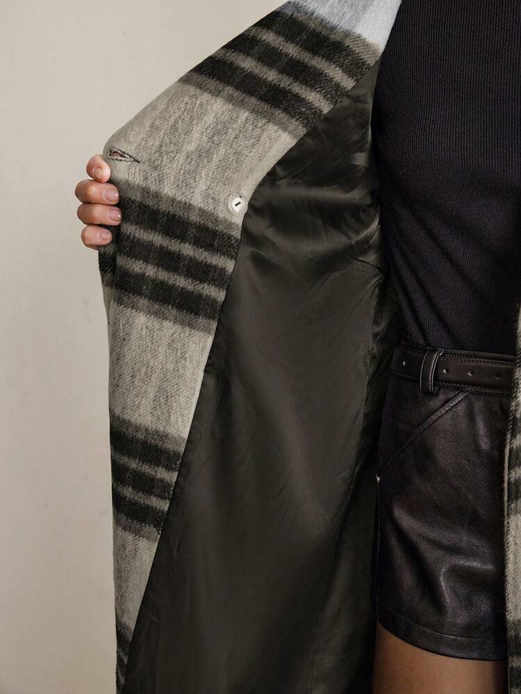2025 Women's Grey Plaid Woolen Blend Loose Fit Blazer Jacket With Pockets,Autumn Elegent Office Wear,Modern Urban Business Casual Winter Long Coat