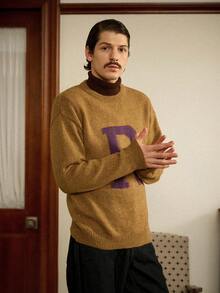 RivetRise 男士休闲字母图案圆领宽松长袖毛衣，秋冬字母针织衫，棕色毛衣，70年代风格 - 銅色 - 查看 4