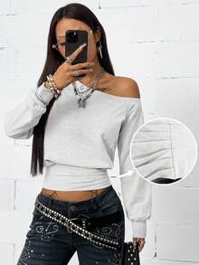 Coolane Women's Winter Clothes Streetwear Going Out Minimalist Daily Wear Essentials Fashion Asymmetrical Neck Grey Fitted Sweatshirt - Light Grey - View 3