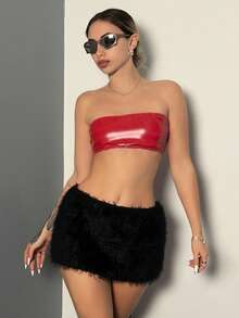 EgrlEra Women's Sexy Fluffy Burgundy Low-Waist Mini Skirt - Black - View 4