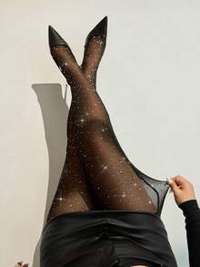 Auralis 黑色透明性感紧身裤/打底裤，适合秋冬季派对、生日、约会之夜；优雅的办公室女士打底裤；JK 风格打底裤；情人节闪光网眼透明打底裤 - 黑色 - 查看 1