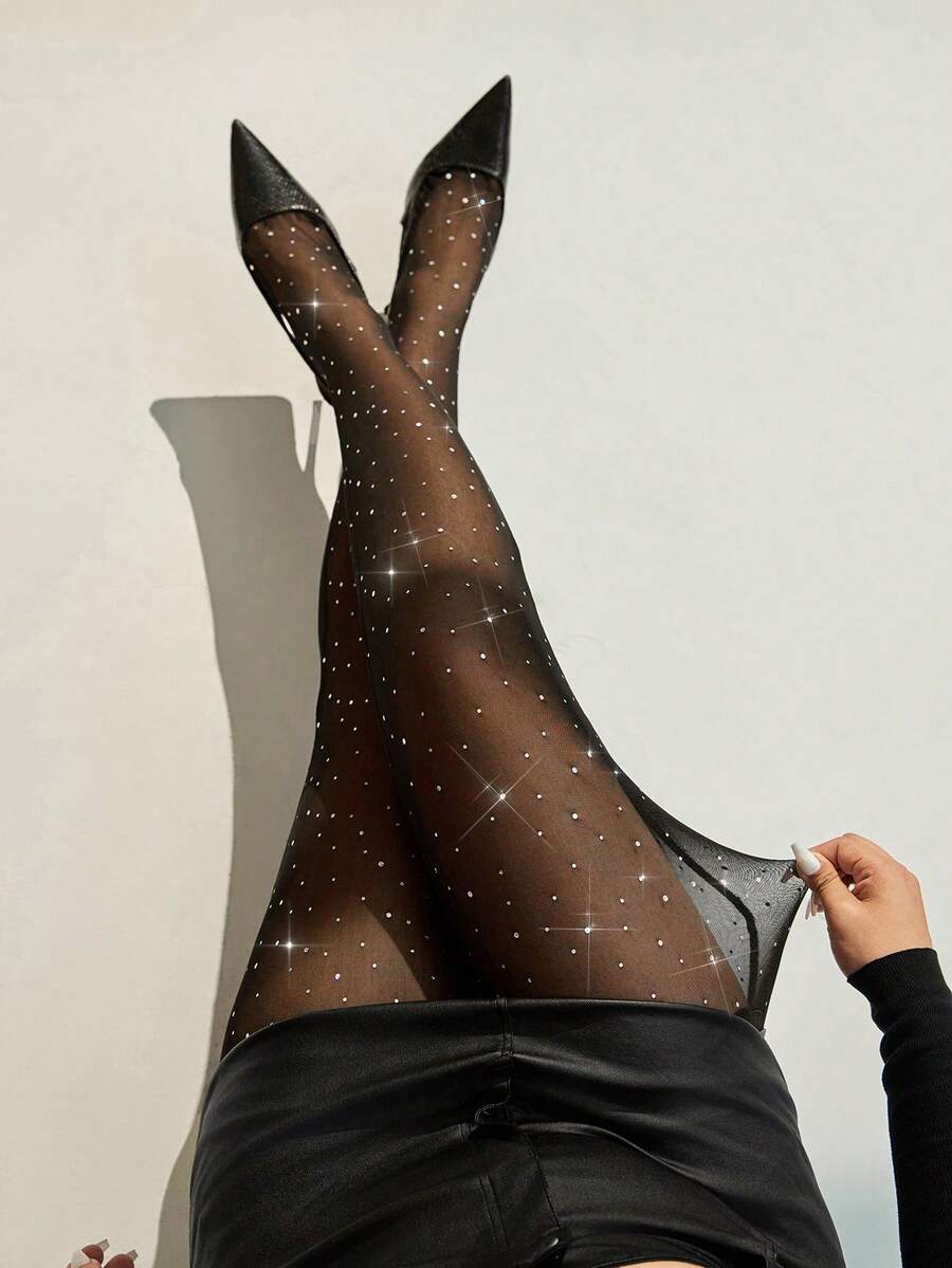 Auralis 黑色透明性感紧身裤/打底裤，适合秋冬季派对、生日、约会之夜；优雅的办公室女士打底裤；JK 风格打底裤；情人节闪光网眼透明打底裤 - 黑色 - 查看 1