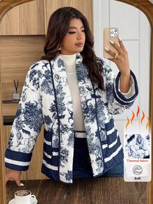 Weeklong Plus Size Women's Colorful Placement Print Contrast Trim Open Front Loose Padded Coat, Autumn/Winter - Multicolor - View 1