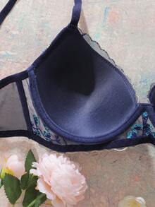 SHEIN 1件套女士网眼刺绣钢圈文胸 - 藏蓝色 - 查看 4