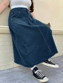 Dazy Plus 水洗猫须毛边A字长款牛仔半身裙，四季皆宜 - 中等水洗藍 - 查看 3