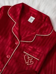 2 件套女童条纹爱心刺绣长袖上衣和裤子休闲舒适睡衣套装 - 紅色 - 查看 5