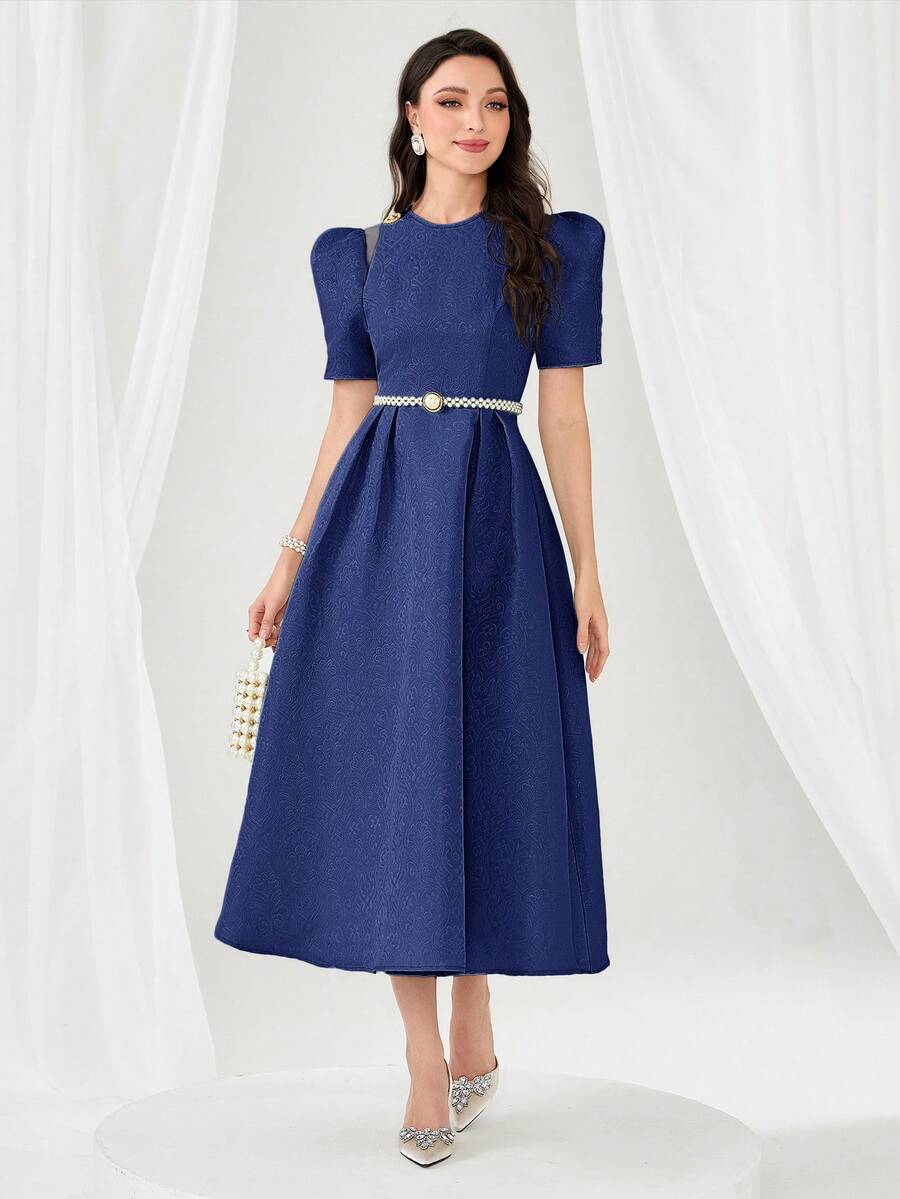 Modelyn Women's Solid Color Round Neck Puff Sleeve Elegant Long Dress - Navy Blue - View 1