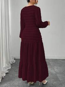 Modelyn 大码女式针织长袖开衩方领荷叶边连衣裙 - 酒紅色 - 查看 2
