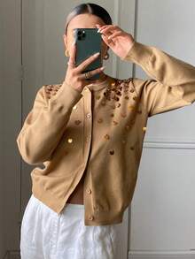 DAZY 女士优雅亮片装饰圆领开衫，秋季 - 黃色 - 查看 4