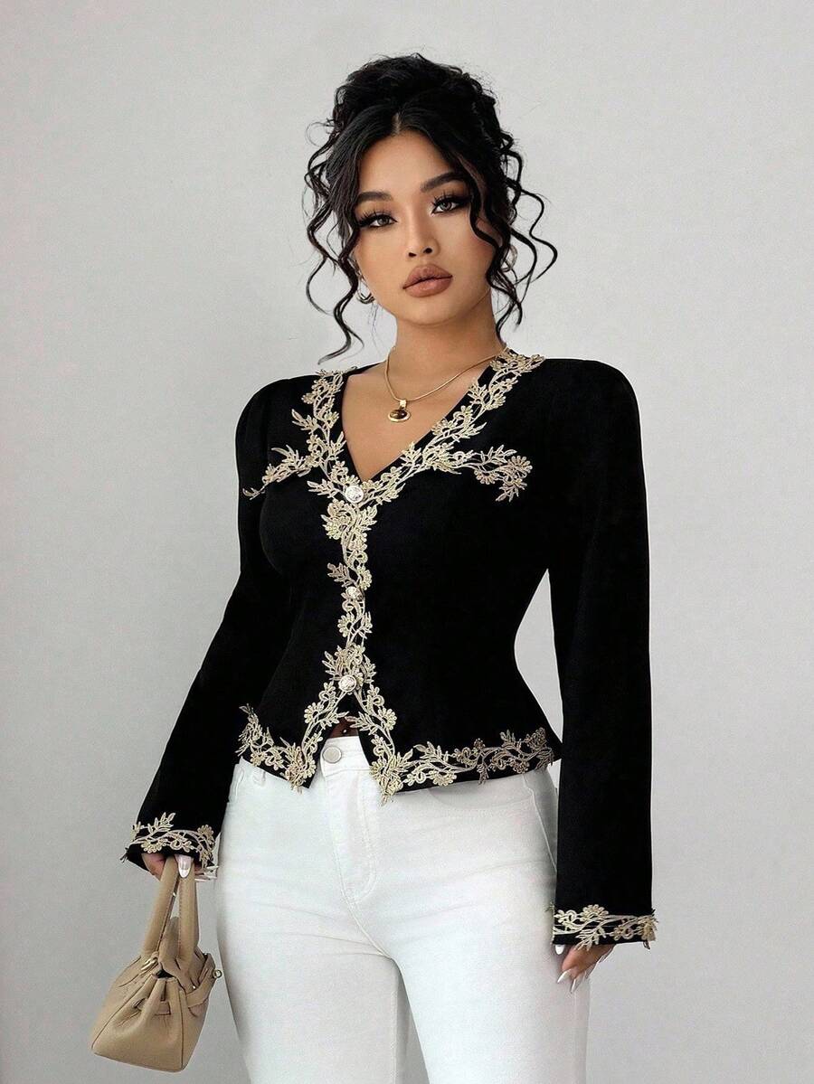 Elenzga Áo sơ mi nữ cổ chữ V tay dài màu tương phản, trang trí nhún bèo hàng ngày theo phong cách Âu Mỹ thanh lịch, tinh tế, thích hợp cho Halloween, lễ hội âm nhạc, đi chơi, hẹn hò, mua sắm, giải trí và các dịp khác - màu đen - Xem 1