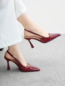 CUCCOO BIZCHIC Shiny Burgundy Color Square Toe Slip-On High Heel Pumps, Suitable For Commuting, Dating, Gatherings, Festivals And Parties - Burgundy - View 4
