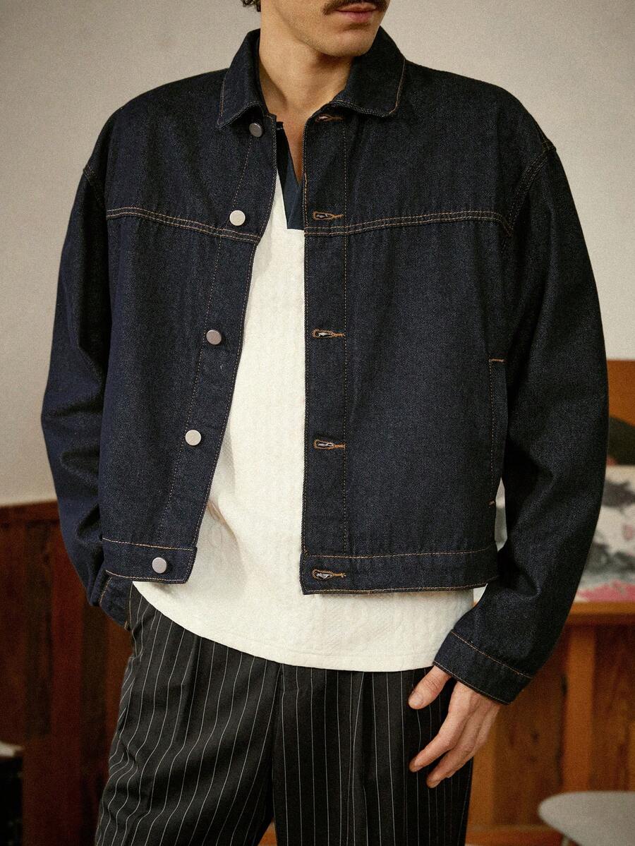 RivetRise 男士休闲单排扣口袋牛仔夹克，秋季 - 深色水洗藍 - 查看 1