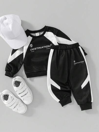 Conjunto Casual de Moletom com Gola Redonda de Manga Longa com Estampa de Letras e Contraste de Cor e Calça de Moletom para Menino Bebê