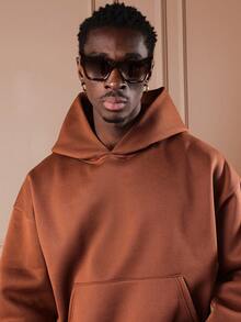SUMWON Oversized Cropped Pullover Hoodie With Embroidered Logo Detail And Centre Pocket For Casual Streetwear Plain - Rust Brown - View 3