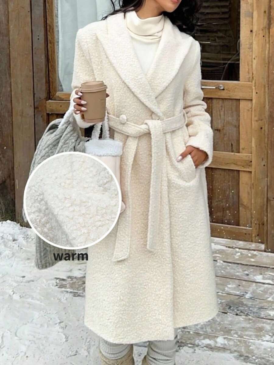 SHEIN EZwear 女士冬季感恩节外套，休闲百搭白色大衣，秋冬季 - 白色 - 查看 1