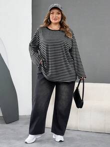 SHEIN CURVE+ Plusstorlek Casual Drop Shoulder Loose Randig T-shirt, Lämplig För Damer På Höst/Vinter - Multifärgad - Visa 7