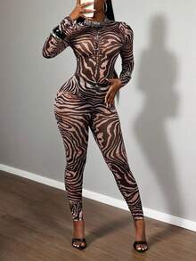 Slaydiva 2025 新款夏季休闲街头风格性感透视网眼斑马纹紧身长袖上衣和紧身裤 2 件套，适合音乐节、性感街头风格、毕业典礼、万圣节服装、日常外出、摩托车运动、俱乐部、时髦女孩、生日派对、学生制服、基本百搭、休闲、度假、邮轮旅行、海滩、日光浴、病毒时尚、派对和聚会 - 彩色 - 查看 6