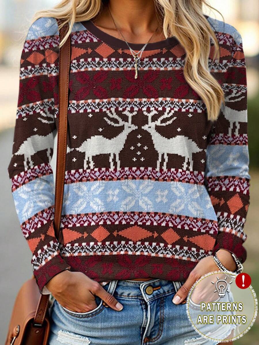 EMERY ROSE Camiseta de manga larga con estampado de renos navideños para mujer