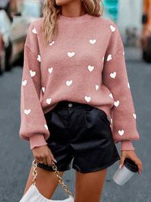 SHEIN LUNE 女式休闲宽松心形提花落肩长袖毛衣，秋冬 - 卡其色 - 查看 3