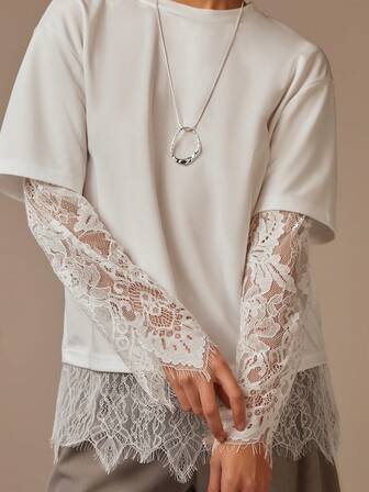 Athîral 女式休闲长袖撞色蕾丝衬衫