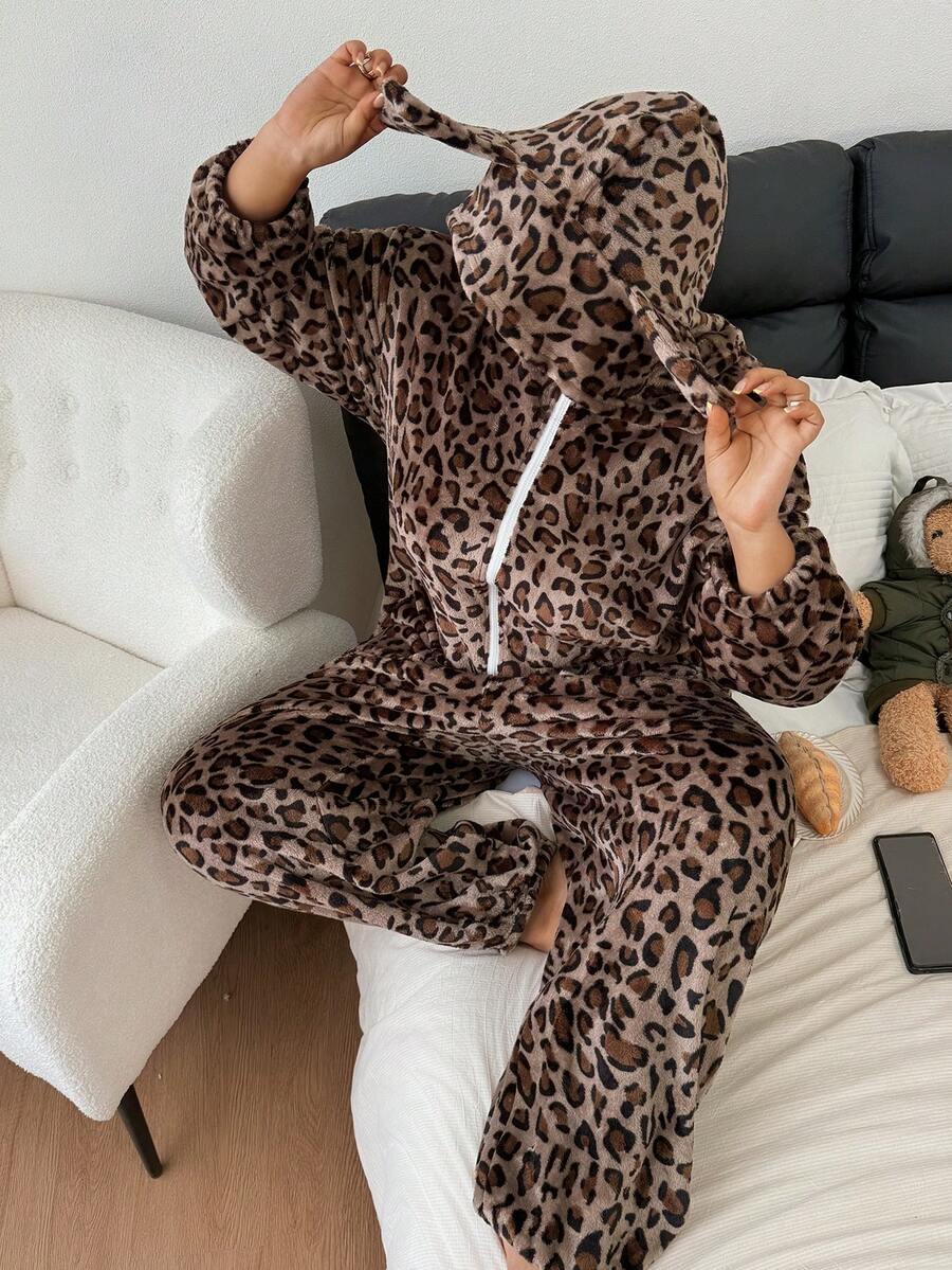Dream Adore Plus Size Cozy Hooded Leopard Print Jumpsuit Fluffy Pajamas With Ear Decoration,Thick Brown Autumn Night Wear Cute Lounge Set For Women - Multicolor - View 1