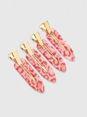 ROMWE Kawaii 4pcs Cute & Stylish Pink Leopard Print Hair Clips For Women, Casual Versatile Side Bangs Clips Suitable For Daily Life And Outdoor Activities