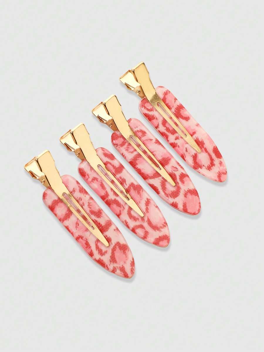 ROMWE Kawaii 4pcs Cute & Stylish Pink Leopard Print Hair Clips For Women, Casual Versatile Side Bangs Clips Suitable For Daily Life And Outdoor Activities - 4Pcs pink leopard print - View 1