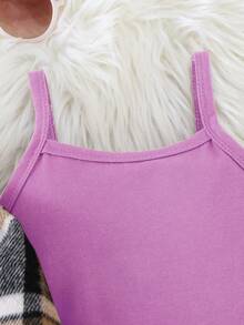 SHEIN 2件組少女復古格紋襯衫外套與休閒簡約吊帶連身褲套裝，春秋款 - 紫色 - 查看 4