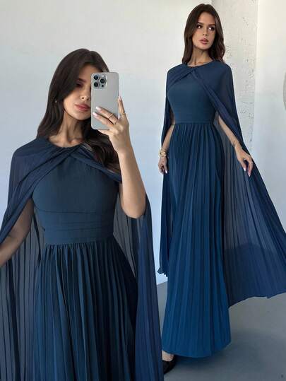 Firerie Women's  Elegant Office Commuter Outfit, Solid Color Cape-Style Navy Blue Pleated Long Dress Poncho Design Pleated Elegant Dress Fall/Winter Dresses For Women For Wedding Party Wedding Guest Dress Wedding Guest Dresses Long Party Dress For Women Thanksgiving  New Year Dress Adult Ceremony Back To School Party Elegant,Graduation Dress, Prom, Performance Outfit, Concert, Work Attire, Party, Wedding Season,,Music Festival, Romantic, Date, Party, Wedding Season, Graduation Dress,Women Teacher Outfit,Elegant Dresses For Women,Fall,Elegant Long Dress,Pleated Hem Elegant Dress