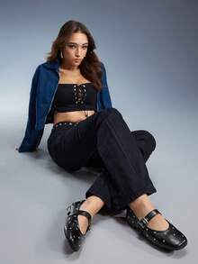 CUCCOO GRLICON Nuevos zapatos Mary Jane planos con remaches de perlas superficiales, mocasines versátiles para mujeres - Negro - Ver 5