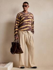 AKNOTIC Men Embroidered Foldable Waistband Button Pocket Casual Striped Pants, Streetwear - Coffee Brown - View 6