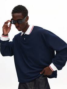 SUMWON Men's Long Sleeve Textured Boxy Fit Polo With Contrast Collar And Cuff Details - Navy Blue - View 1