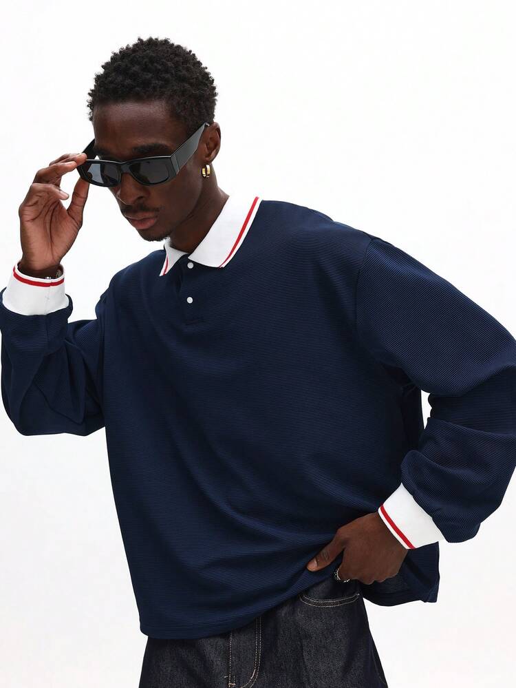 Long Sleeve Textured Boxy Polo
