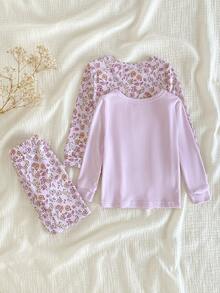 3 Stücke Baby Mädchen süßer Blümchen Langarm-Oberteil und Hose eng anliegender, bequemer Pyjama-Set