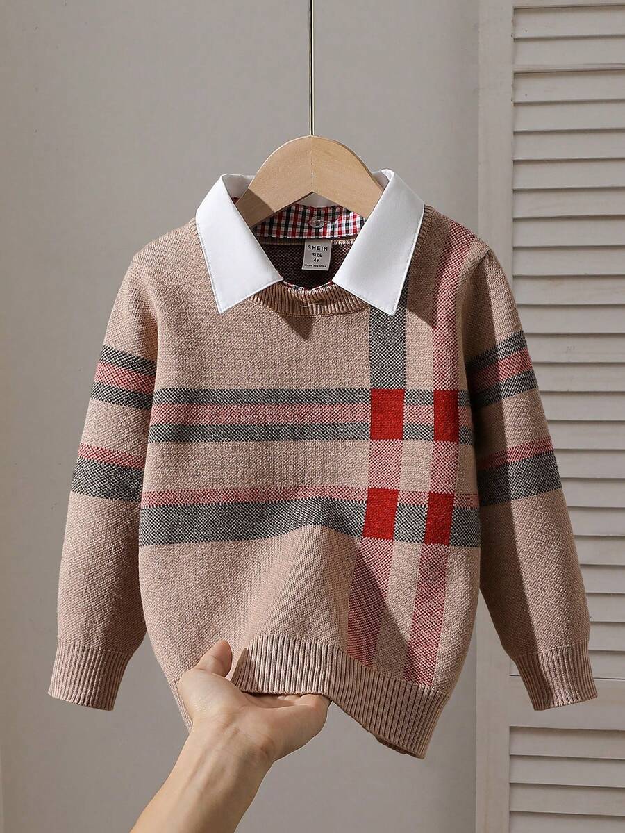 SHEIN 男童条纹长袖休闲毛衣,秋冬 - 卡其色 - 查看 1