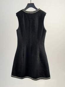 GlowEve 女式高端法式收腰黑色多层无袖连衣裙，秋冬