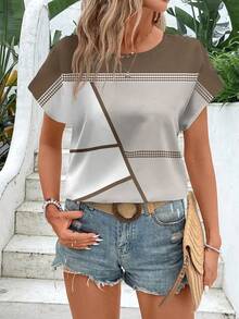 EMERY ROSE 休闲简约条纹拼布图案女式圆领短袖衬衫，适合秋夏季 - 彩色 - 查看 4