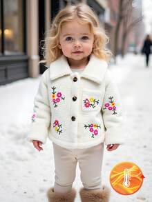 SHEIN Baby Girl Thick Fleece Embroidered Flower Collar Long Sleeve Jacket, Autumn/Winter Fall - White - View 8
