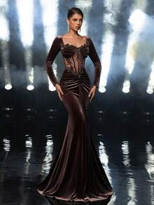 Glamrae Đầm dạ hội dài tay xếp ly bằng nhung co giãn, sang trọng, đính cườm, sequin và ren, thích hợp cho đám cưới, tiệc tùng, kỳ nghỉ, dạ hội, dạ tiệc buổi tối (đính kết cầu kỳ), ngày Valentine. - Cà phê nâu - Xem 7