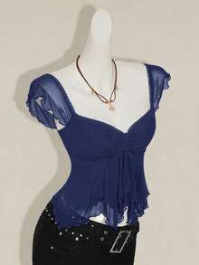 SHEIN ICON Women's Ruched Front Fitted Sexy Mesh Patchwork Cap Sleeve Backless Casual Vacation Cropped Tank Top,Sexy Tops - Navy Blue - View 3