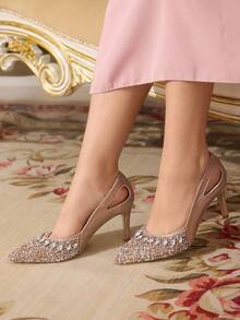 CUCCOO TILAWA Fashionable Sexy Pointed Toe Thin High Heel Hollow Out Rhinestone Glamorous Party Champagne Women's High Heel Pumps For Christmas - Champagne - View 5