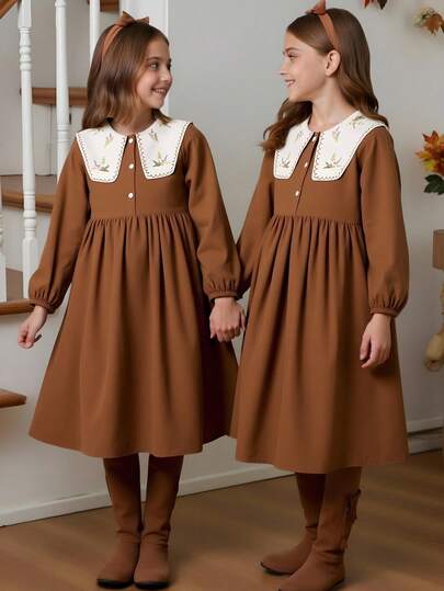 Tween Girl Floral Print Sailor Collar Lantern Sleeve Cute Dress Fall Winter