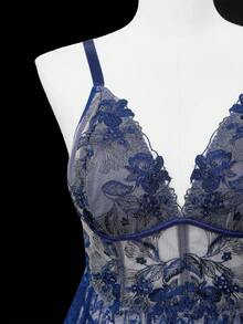 2pcs Plus Size Mesh Embroidery Contrast Lace Lingerie Set - Navy Blue - View 8