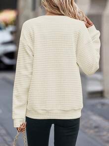 SHEIN LUNE 女式纯色半拉链圆领休闲长袖套头衫 - 米色 - 查看 2