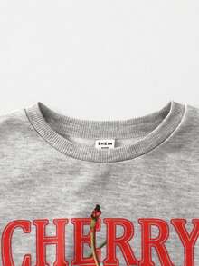 1 Set Tween Girls Casual Cherry Pattern Crew Neck Long Sleeve Sweatshirt And Pants Suit, Cozy Fall & Winter Styles, Grey Sweatsuit