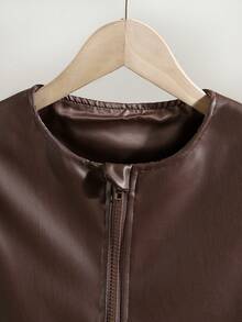 青少年女孩休闲 PU 皮革拉链圆领泡泡袖夹克，秋季 - 棕色 - 查看 3